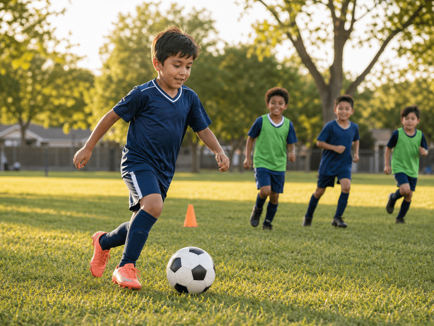 A boy dribbling a soccer ball during a neighborhood practice