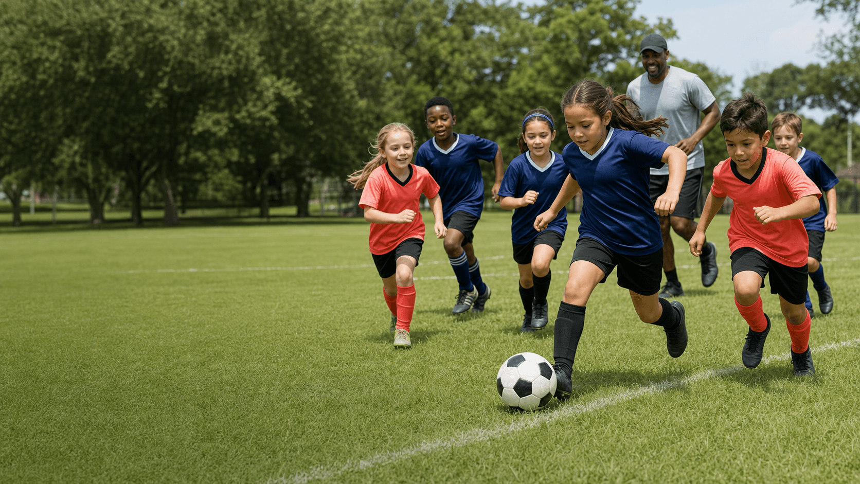 A girl dribbling a soccer ball with other young players on a neighborhood field